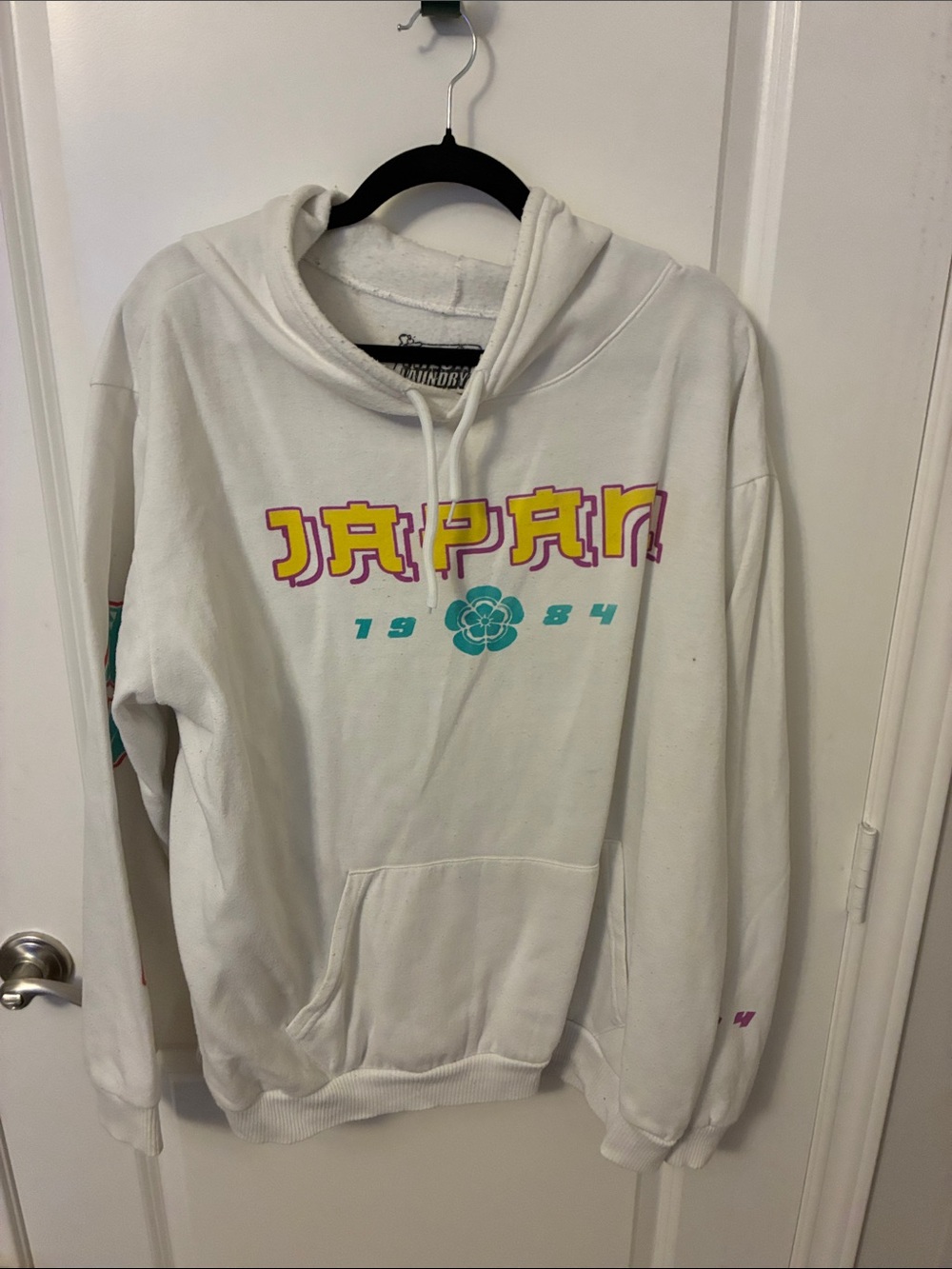 White Japan Graphic Crewneck Hoodie with Turquoise & Pink Accents